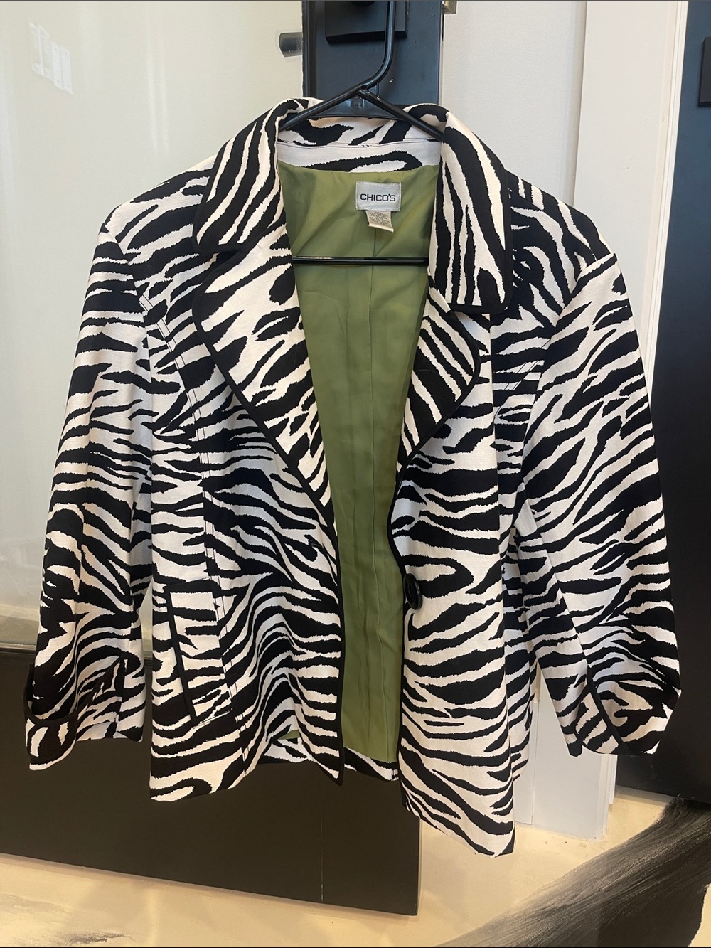 Chico's Black & White Zebra Print Blazer with Olive Green Lining